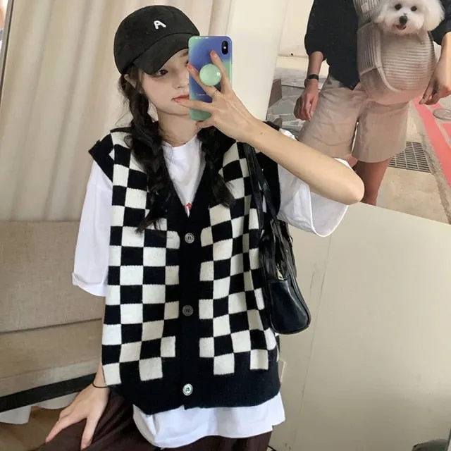 Harajuku Korean Style Oversized Checkered Cardigan Vest