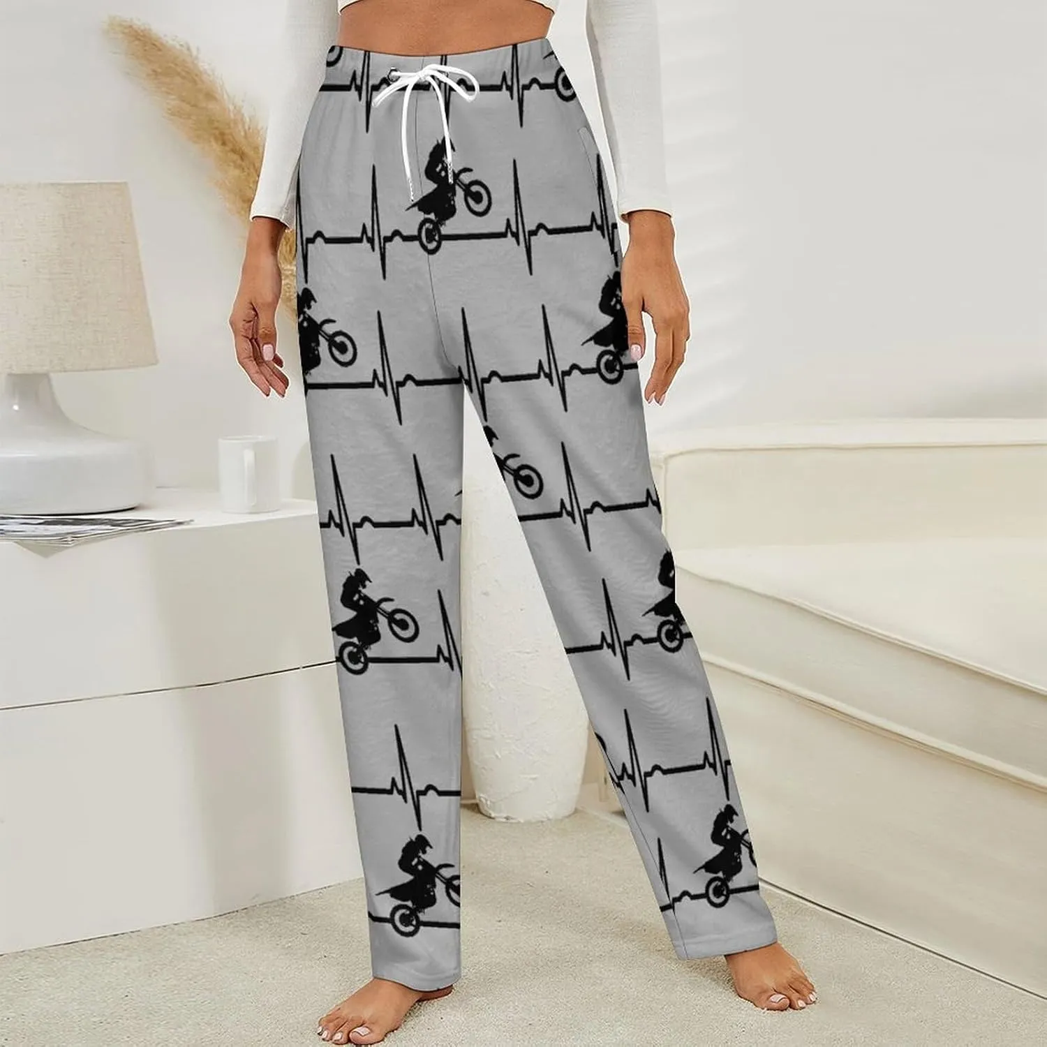 Heartbeat Motorcycle Women's Flannel Pajama Pants Fleece Lounge Sleep Bottoms PJ