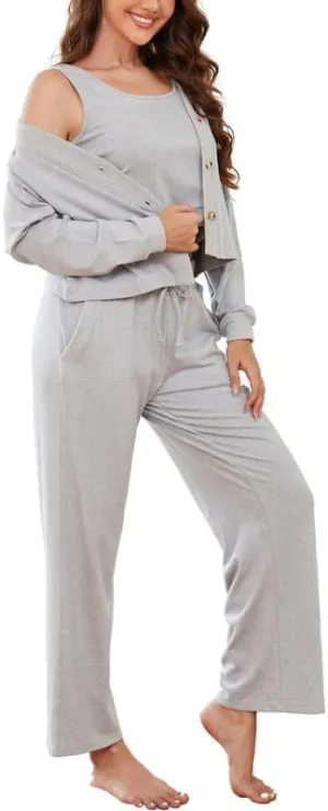 HEARTNICE Women's 3 Piece Knit Long Sleeve Loungewear Sets Cardigan Sleeveless Top Wide Leg Pants Pajamas Set