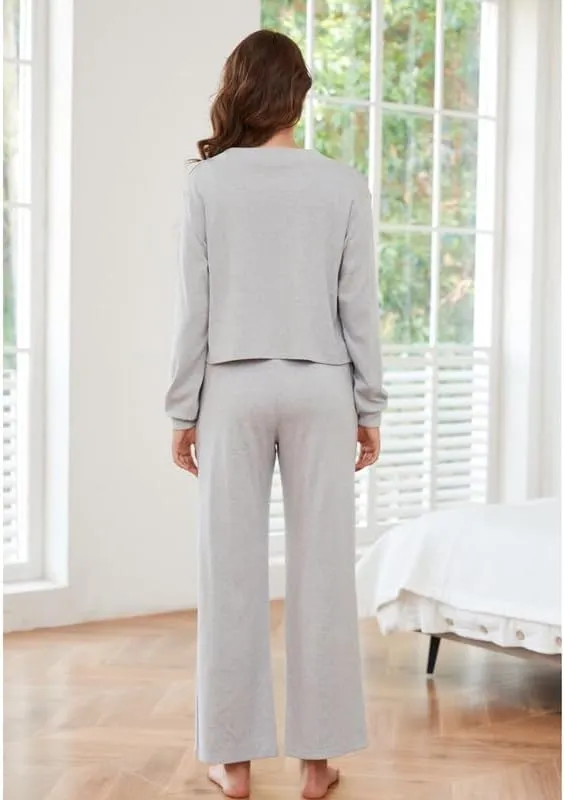 HEARTNICE Women's 3 Piece Knit Long Sleeve Loungewear Sets Cardigan Sleeveless Top Wide Leg Pants Pajamas Set