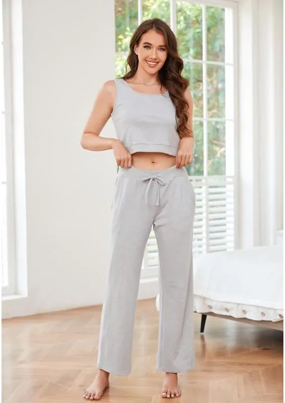 HEARTNICE Women's 3 Piece Knit Long Sleeve Loungewear Sets Cardigan Sleeveless Top Wide Leg Pants Pajamas Set