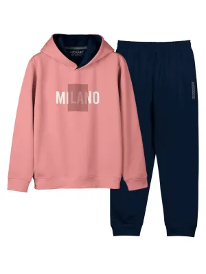HELLCAT Trendy Printed Cotton Blend Pink Full sleeve Hoodie T-shirt Navy Jogger Trackpant Clothing Set for Girls