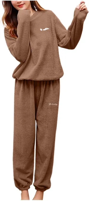HGps8w Women's Embroidery Fuzzy Fleece Pajama Sets - Long Sleeve Pullover Sleepwear Tops Long Pants 2 Piece Lounge Outfits