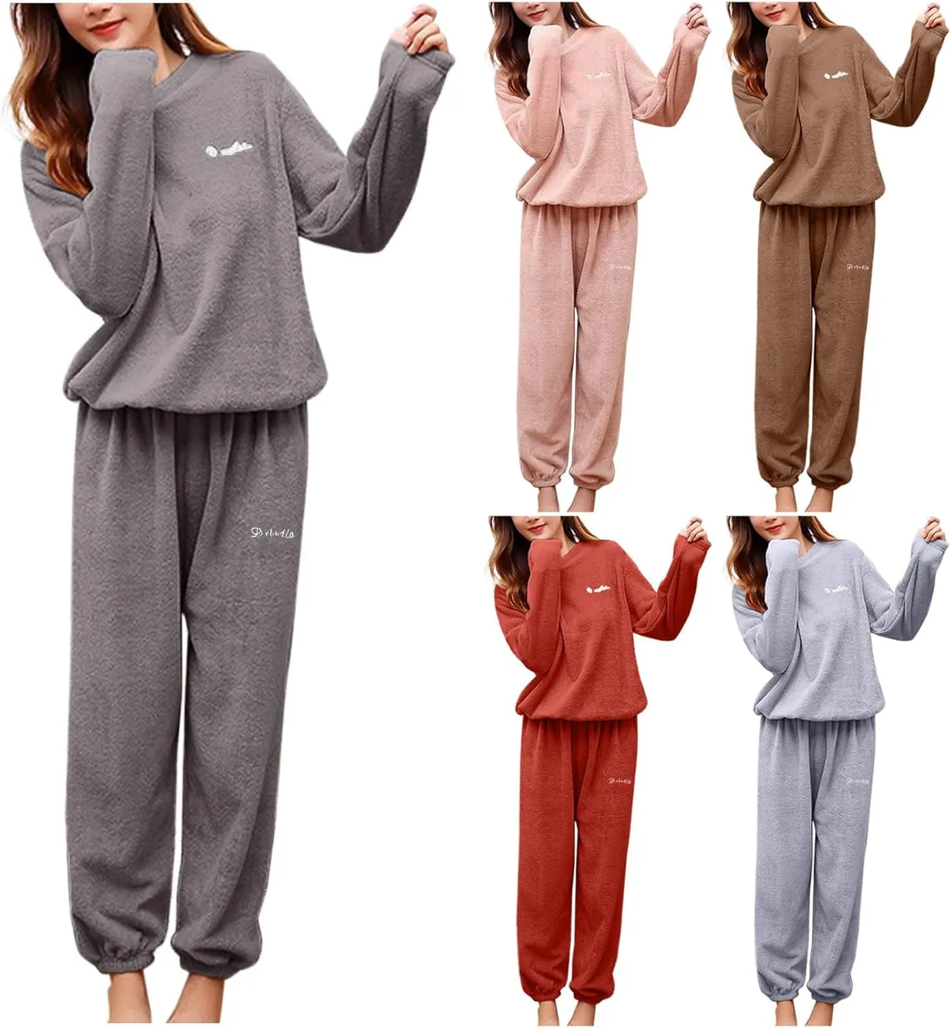 HGps8w Women's Embroidery Fuzzy Fleece Pajama Sets - Long Sleeve Pullover Sleepwear Tops Long Pants 2 Piece Lounge Outfits