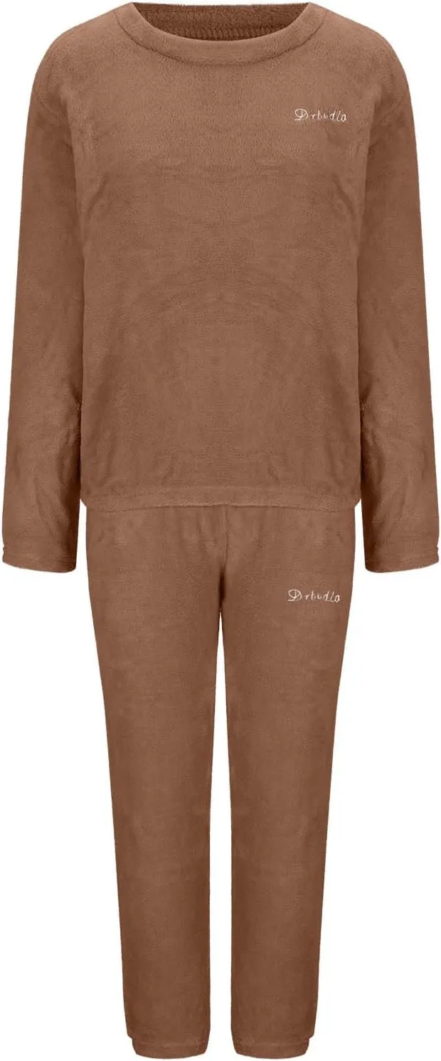 HGps8w Women's Embroidery Fuzzy Fleece Pajama Sets - Long Sleeve Pullover Sleepwear Tops Long Pants 2 Piece Lounge Outfits