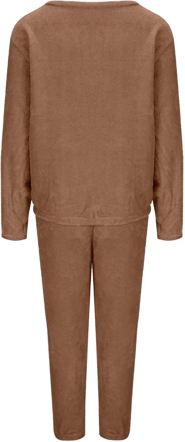 HGps8w Women's Embroidery Fuzzy Fleece Pajama Sets - Long Sleeve Pullover Sleepwear Tops Long Pants 2 Piece Lounge Outfits
