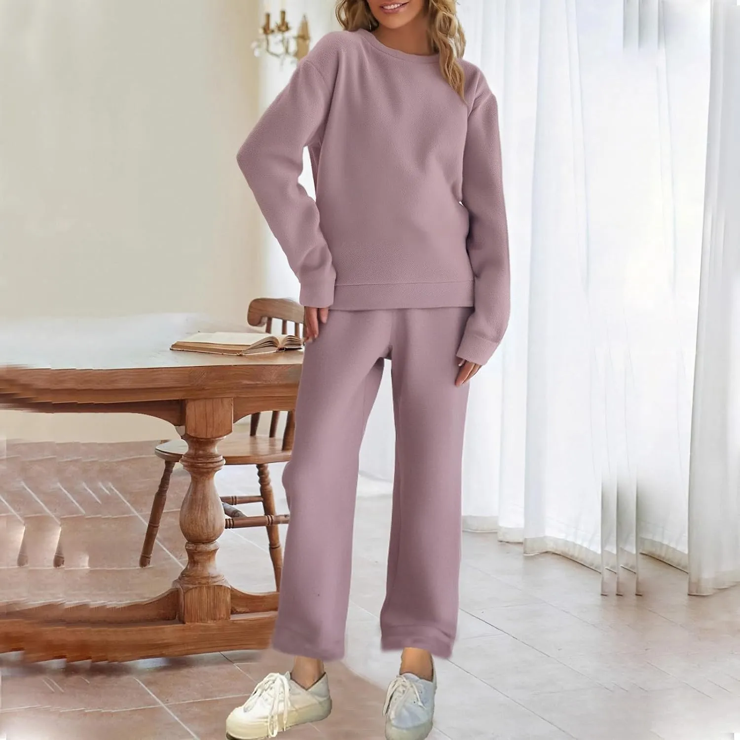 HGps8w Women's Plus Size Ultra-Soft Pajamas Sets Warm Fleece Lined Long Sleeve Sleepwear Comfy Matching Pants Lounge Set