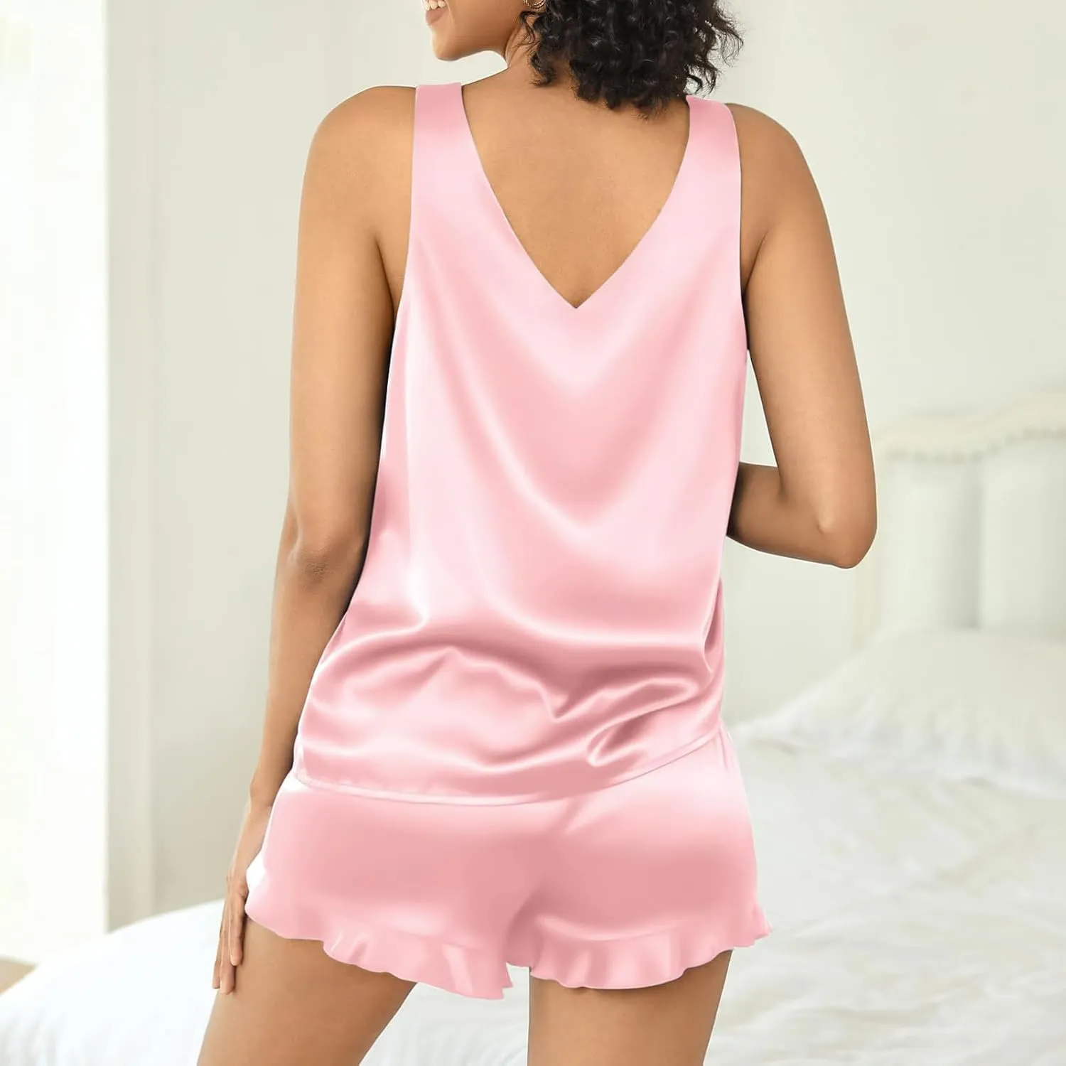 HGps8w Women's Satin Silk Pajamas Sleevelss V Neck Tank Top with Ruffle Shorts 2 Piece Sleepwear Soft Pjs Lounge Sets