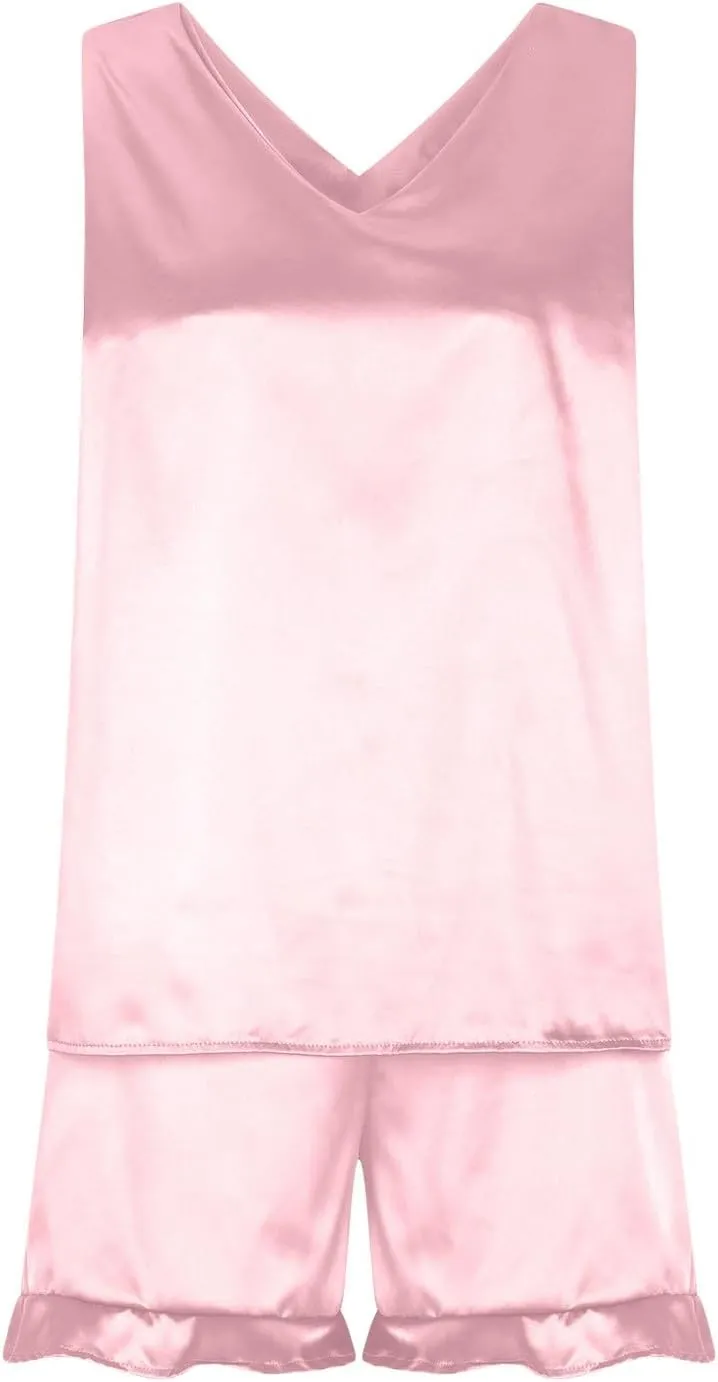 HGps8w Women's Satin Silk Pajamas Sleevelss V Neck Tank Top with Ruffle Shorts 2 Piece Sleepwear Soft Pjs Lounge Sets