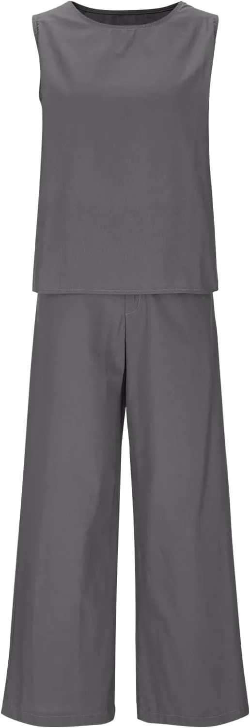 hlysgo Loungewear Sets For Women 2 Piece Outfits 2025 Summer Casual Sleeveless Tank Top and Pants Plus Size Cotton Linen Set