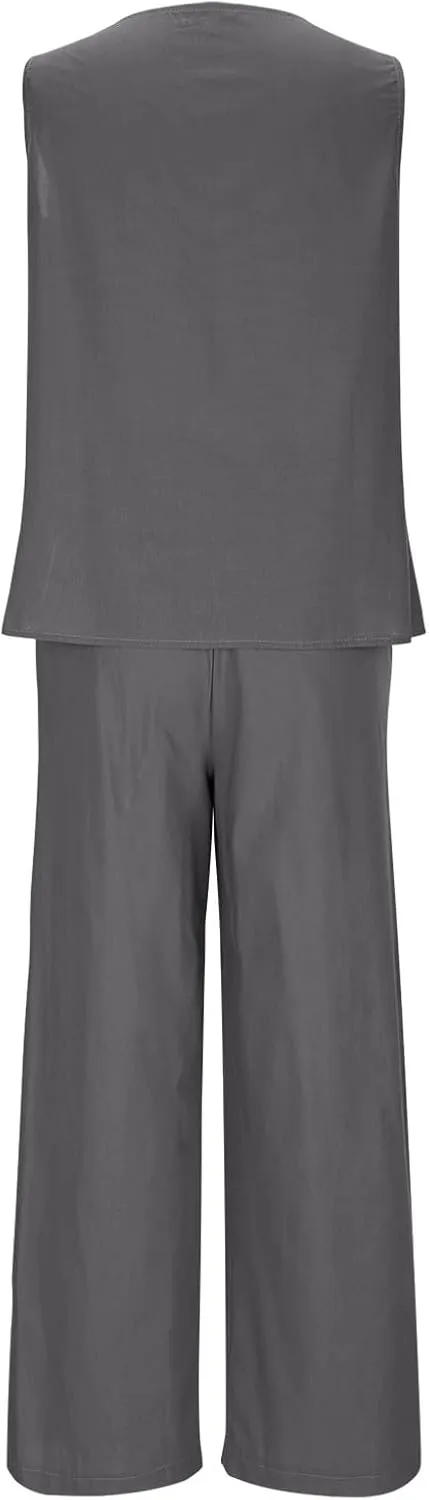 hlysgo Loungewear Sets For Women 2 Piece Outfits 2025 Summer Casual Sleeveless Tank Top and Pants Plus Size Cotton Linen Set