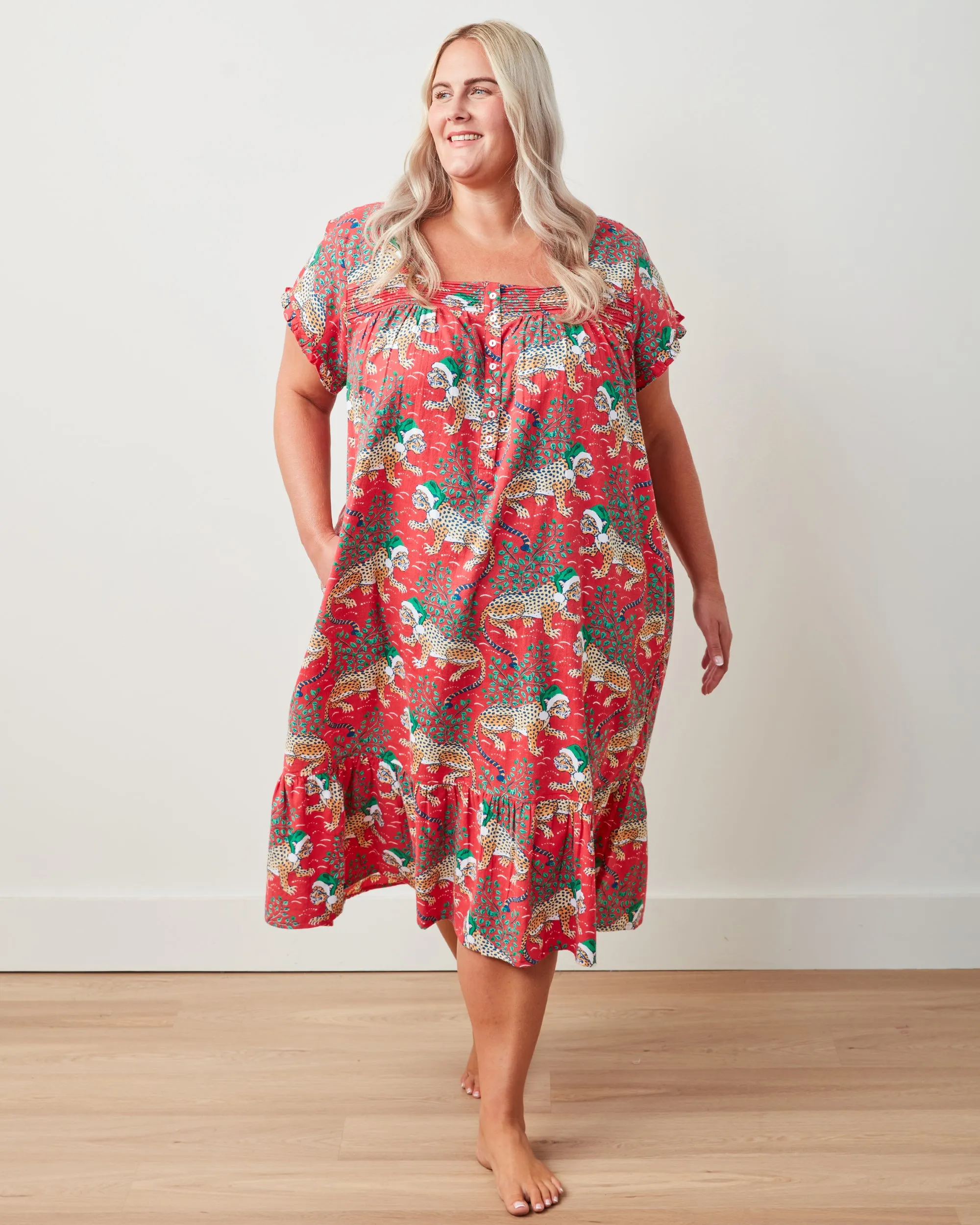 Holly Jolly Bagheera - Lightweight Flannel Daylight Nightgown - Ruby