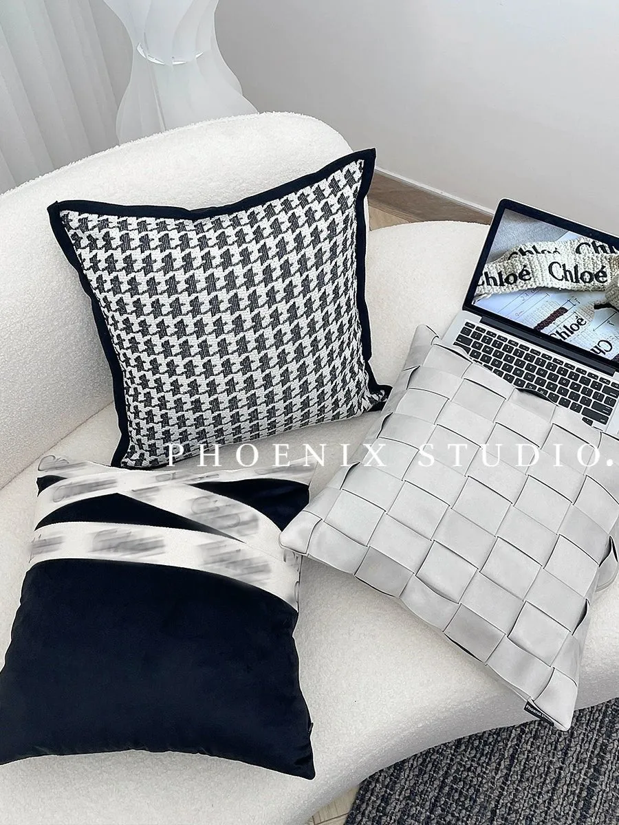 Houndstooth Hand-Woven Cotton & Linen Throw Pillow Cover