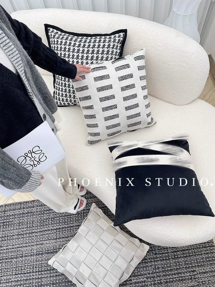 Houndstooth Hand-Woven Cotton & Linen Throw Pillow Cover
