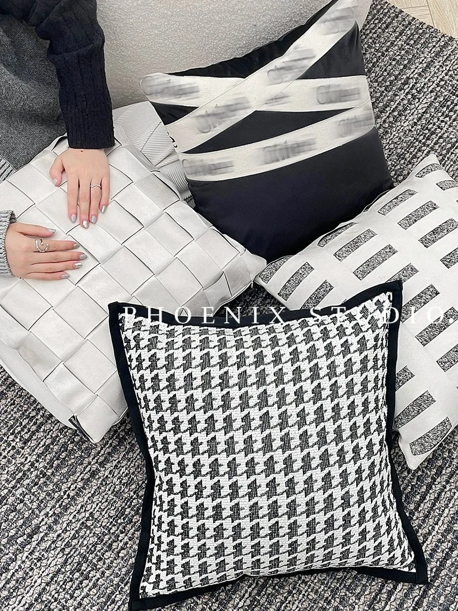 Houndstooth Hand-Woven Cotton & Linen Throw Pillow Cover
