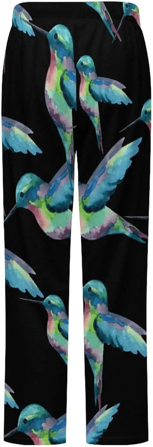 Hummingbird Watercolor Painting Women's Flannel Pajama Pants Fleece Lounge Sleep Bottoms PJ