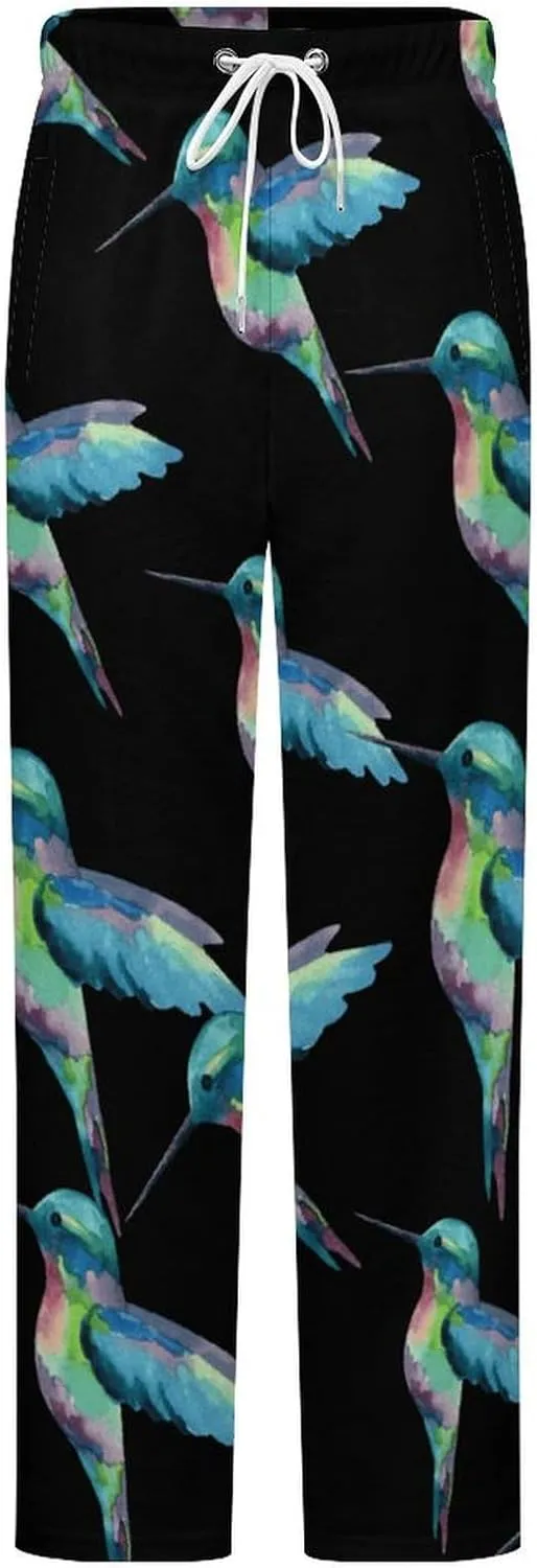Hummingbird Watercolor Painting Women's Flannel Pajama Pants Fleece Lounge Sleep Bottoms PJ
