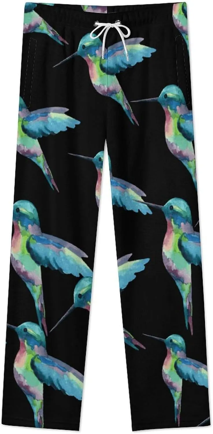 Hummingbird Watercolor Painting Women's Flannel Pajama Pants Fleece Lounge Sleep Bottoms PJ