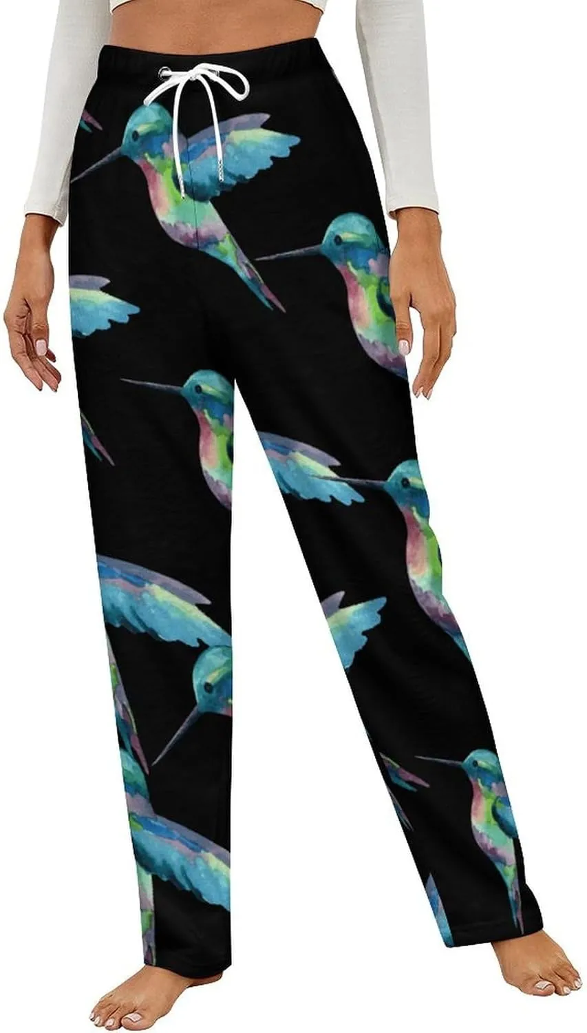 Hummingbird Watercolor Painting Women's Flannel Pajama Pants Fleece Lounge Sleep Bottoms PJ