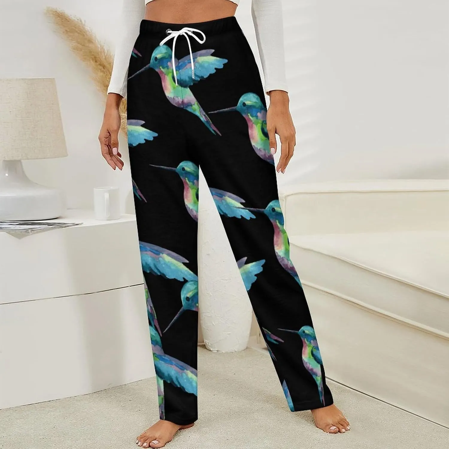 Hummingbird Watercolor Painting Women's Flannel Pajama Pants Fleece Lounge Sleep Bottoms PJ