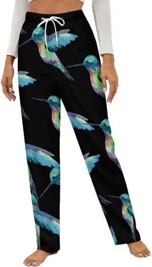 Hummingbird Watercolor Painting Women's Flannel Pajama Pants Fleece Lounge Sleep Bottoms PJ