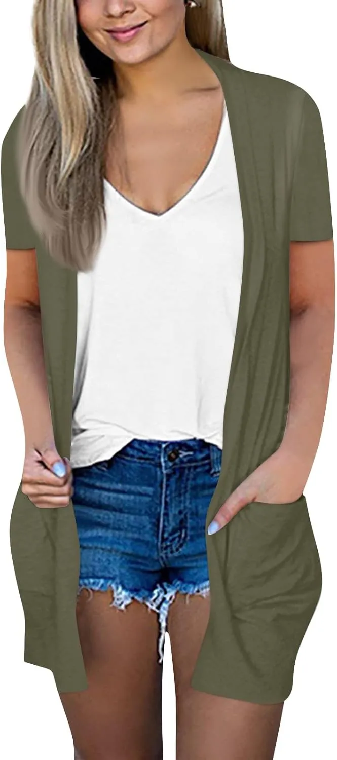 HXHYQKP Summer Cardigans for Women Lightweight Short Sleeve Open Front Casual Cover Ups with Pockets