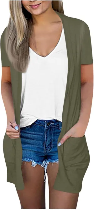 HXHYQKP Summer Cardigans for Women Lightweight Short Sleeve Open Front Casual Cover Ups with Pockets