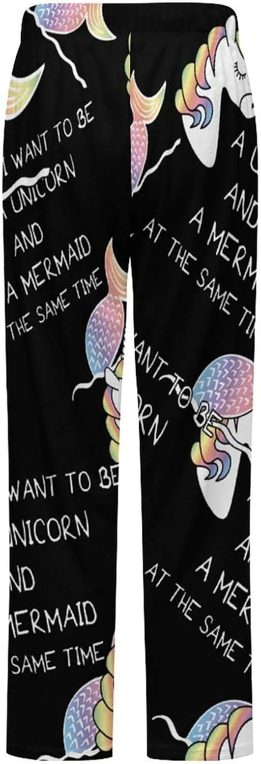 I Want to Be A Uni-corn And A Mermaid Women's Flannel Pajama Pants Fleece Lounge Sleep Bottoms PJ