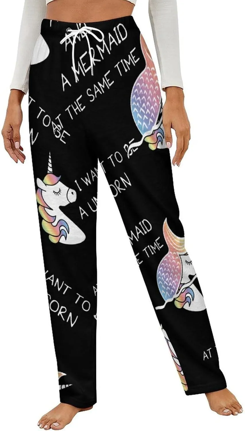 I Want to Be A Uni-corn And A Mermaid Women's Flannel Pajama Pants Fleece Lounge Sleep Bottoms PJ