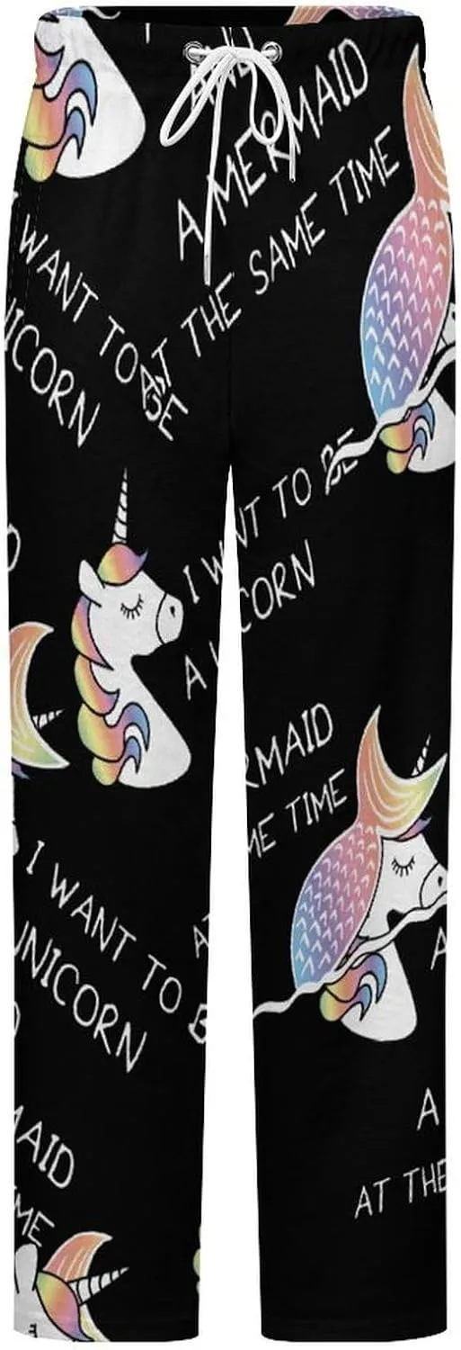 I Want to Be A Uni-corn And A Mermaid Women's Flannel Pajama Pants Fleece Lounge Sleep Bottoms PJ