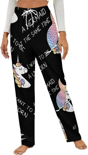 I Want to Be A Uni-corn And A Mermaid Women's Flannel Pajama Pants Fleece Lounge Sleep Bottoms PJ