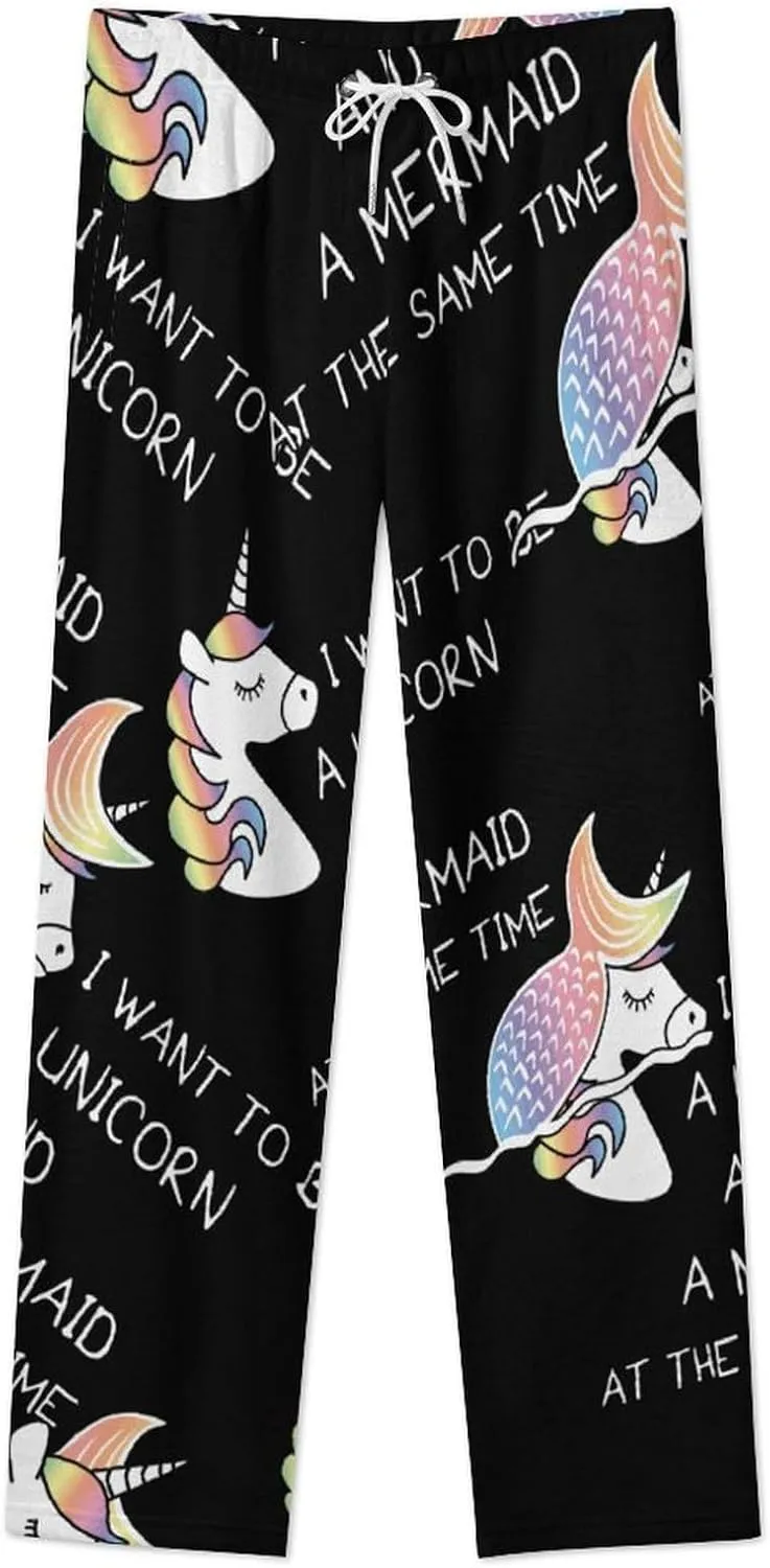 I Want to Be A Uni-corn And A Mermaid Women's Flannel Pajama Pants Fleece Lounge Sleep Bottoms PJ