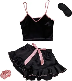 Ice Silk Pajamas Set for Women 2 Piece Cute Bow Tie Lingerie Pjs Cami Tank Top and Shorts Summer PJ Short Pajama