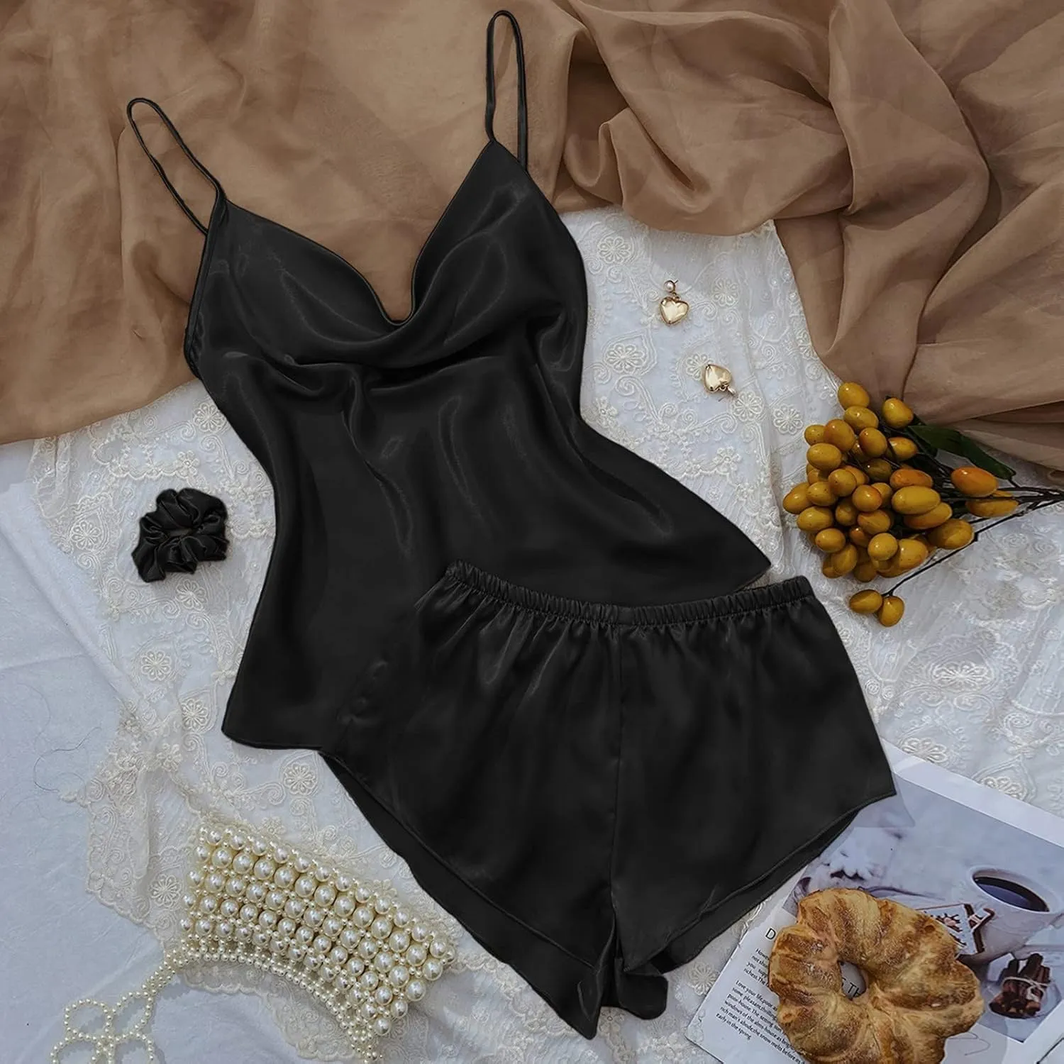 Ice Silk Pajamas Set for Women 2 Piece Sexy Lingerie Pjs Cami Tank Top and Shorts Summer Short Cooling Pajama