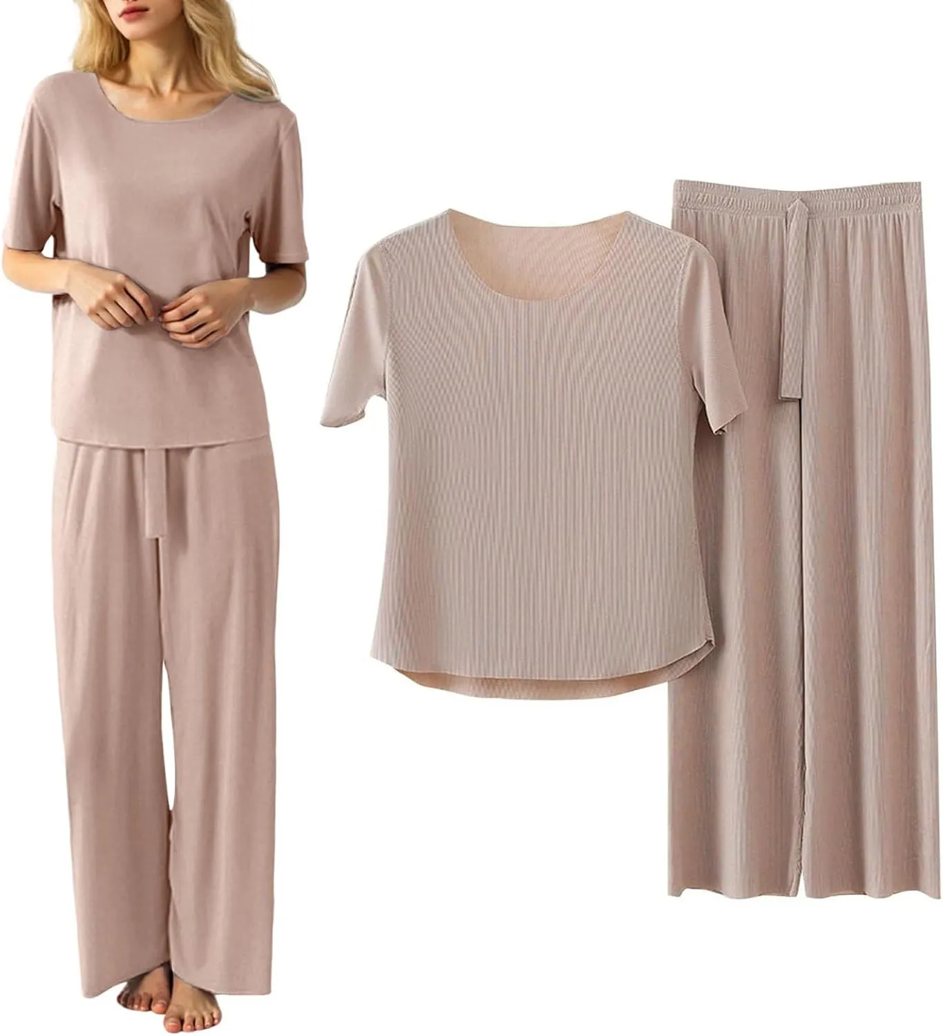 Ice Silk Pajamas Set for Women 2 Pieces Lounge Pjs Matching Summer Loungewear T Shirts and Shorts