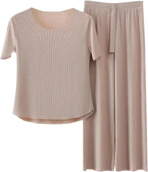 Ice Silk Pajamas Set for Women 2 Pieces Lounge Pjs Matching Summer Loungewear T Shirts and Shorts
