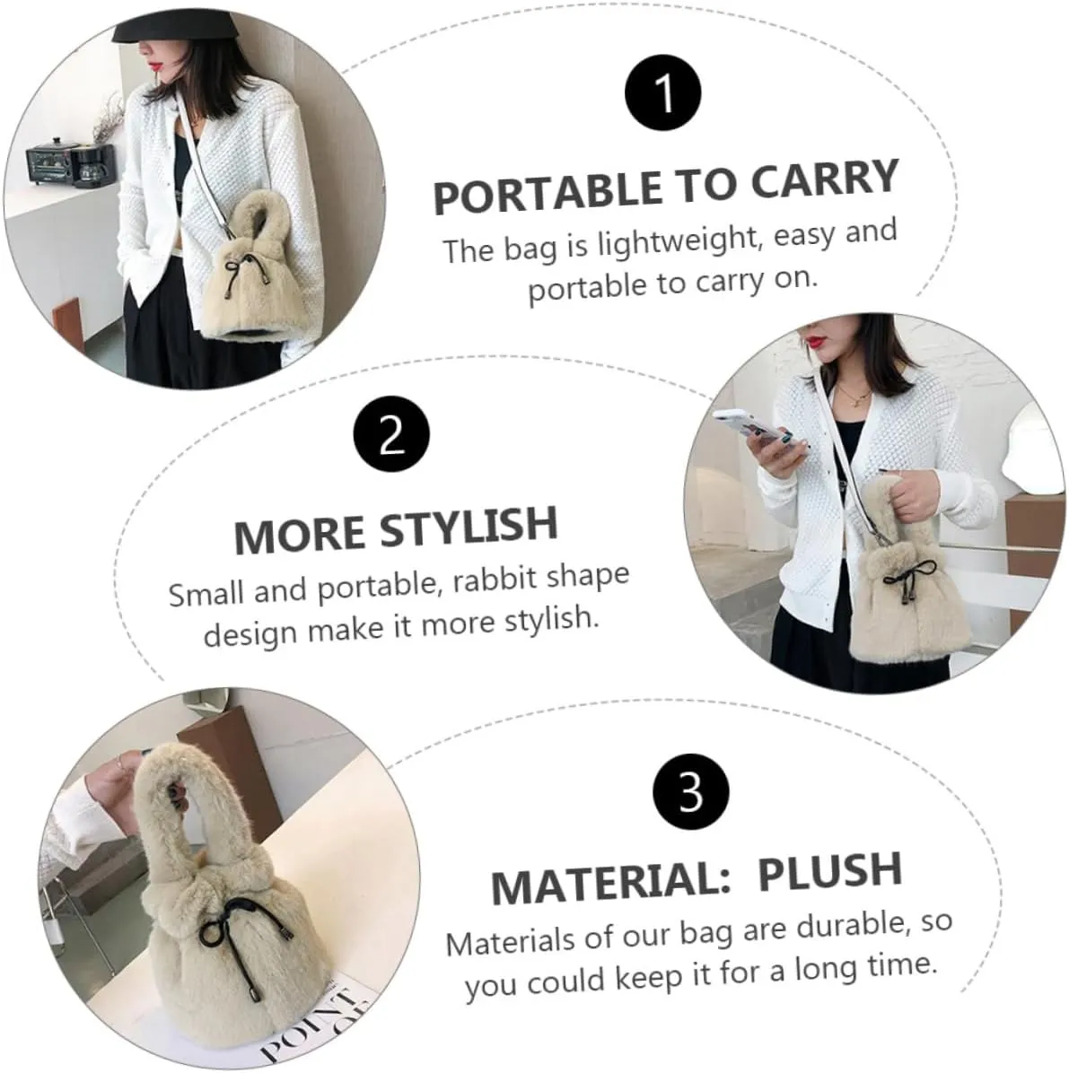 Ipetboom Plush Bag Purses for Women Shoulder Bag Carry Bags for Women Tote Bag for Women Handbag Girls Handbag Plush Coin Bag Plush Shoulder Bag Black