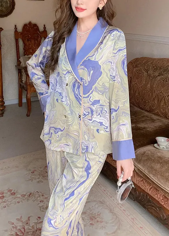 Italian Blue Peter Pan Collar Print Patchwork Ice Silk Pajamas Two Pieces Set Long Sleeve TO1044