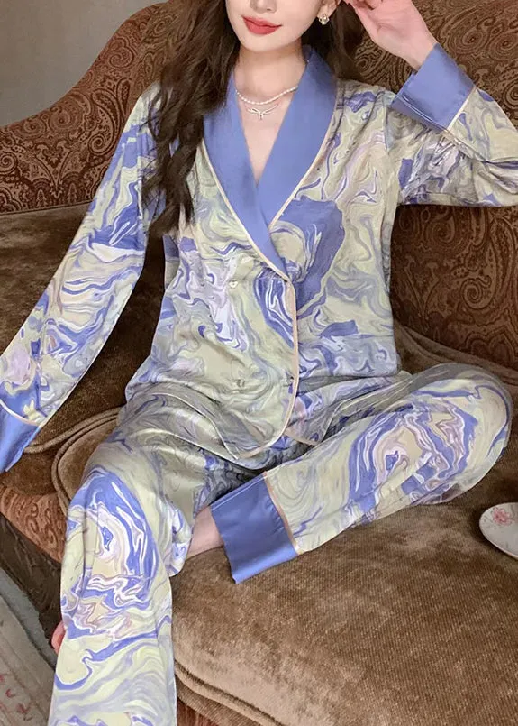 Italian Blue Peter Pan Collar Print Patchwork Ice Silk Pajamas Two Pieces Set Long Sleeve TO1044