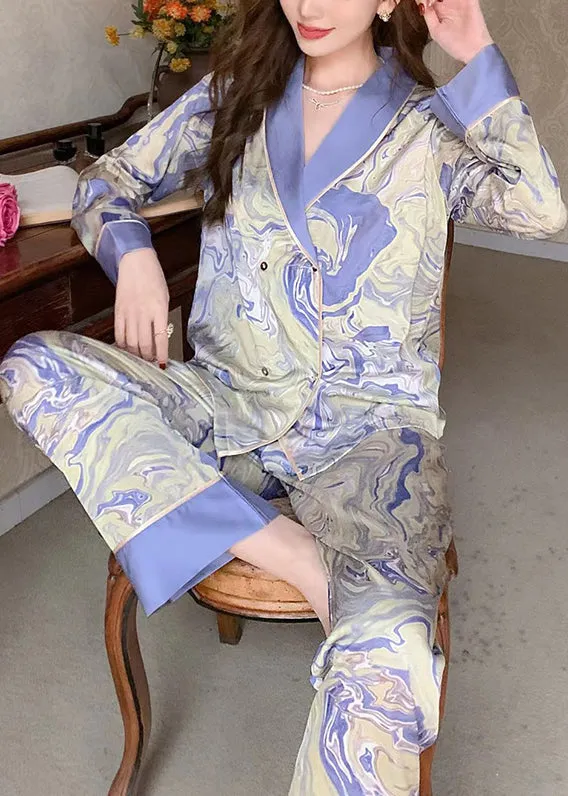 Italian Blue Peter Pan Collar Print Patchwork Ice Silk Pajamas Two Pieces Set Long Sleeve TO1044