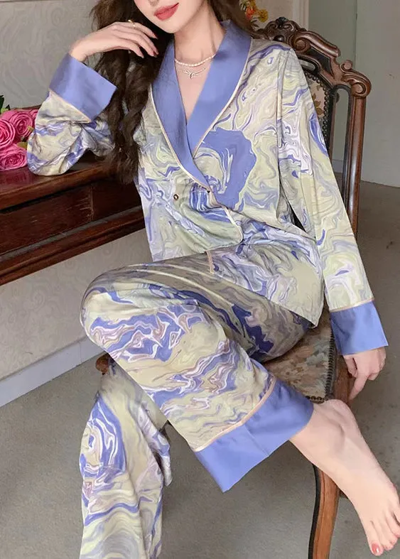 Italian Blue Peter Pan Collar Print Patchwork Ice Silk Pajamas Two Pieces Set Long Sleeve TO1044