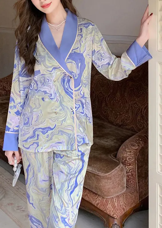 Italian Blue Peter Pan Collar Print Patchwork Ice Silk Pajamas Two Pieces Set Long Sleeve TO1044