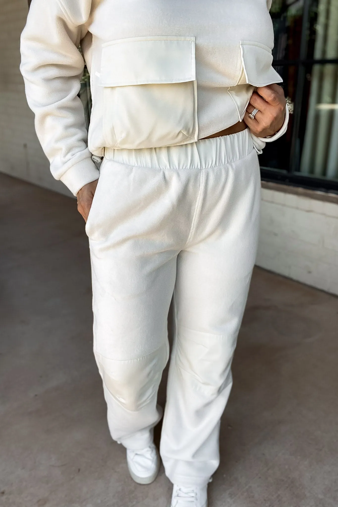 Ivory Fleece Wide Leg Pants with Bungee Hem