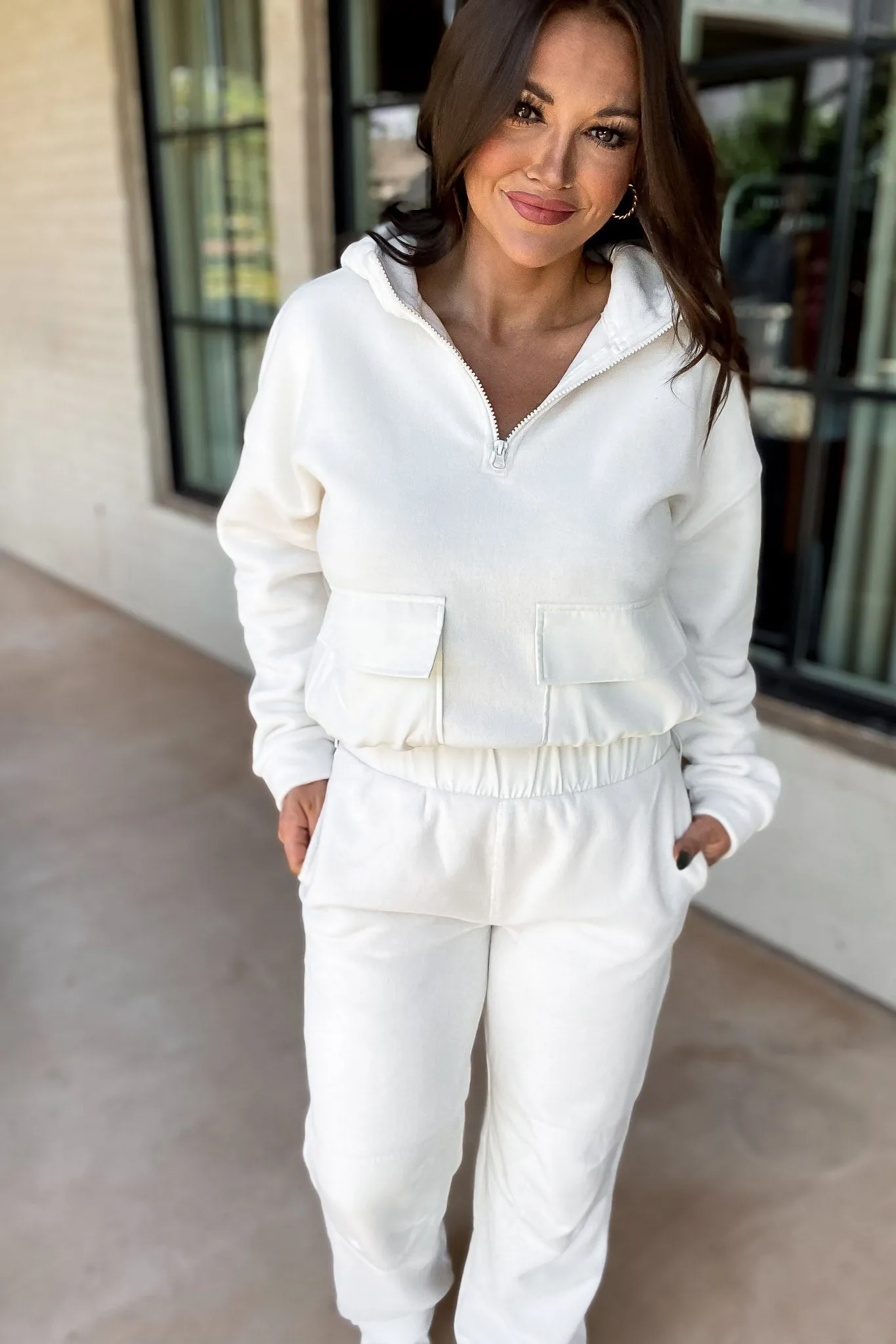 Ivory Fleece Wide Leg Pants with Bungee Hem
