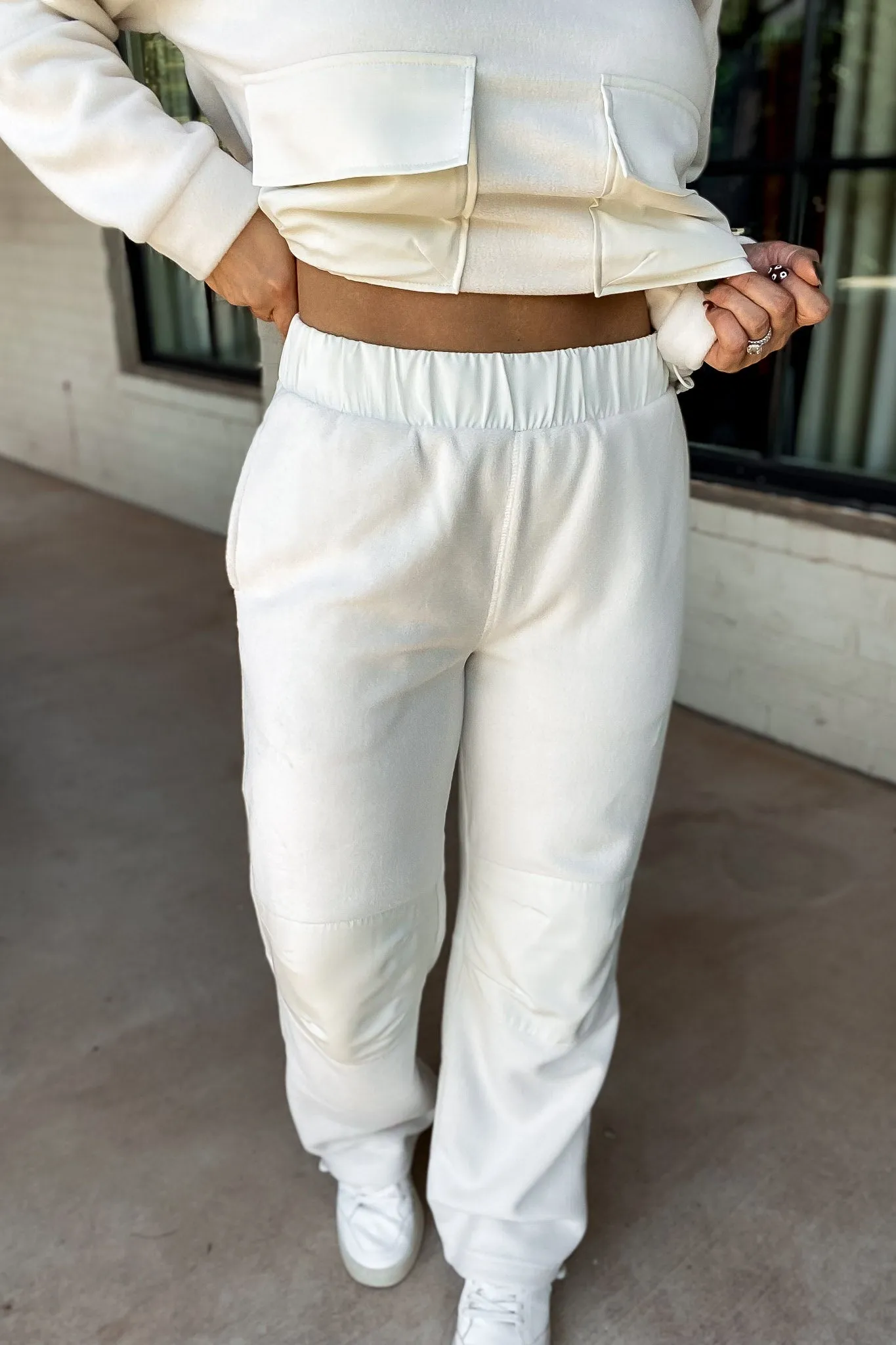 Ivory Fleece Wide Leg Pants with Bungee Hem