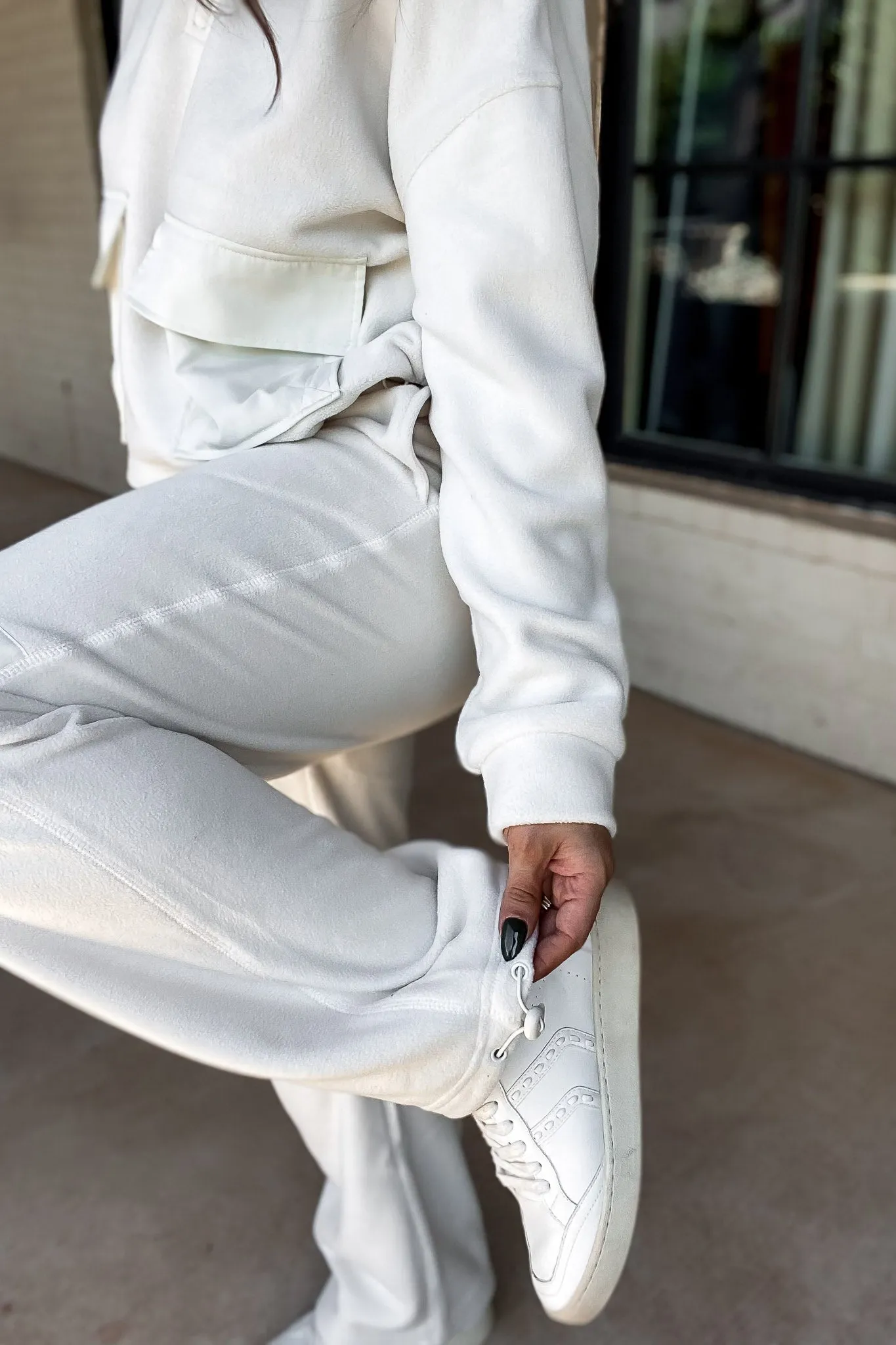 Ivory Fleece Wide Leg Pants with Bungee Hem