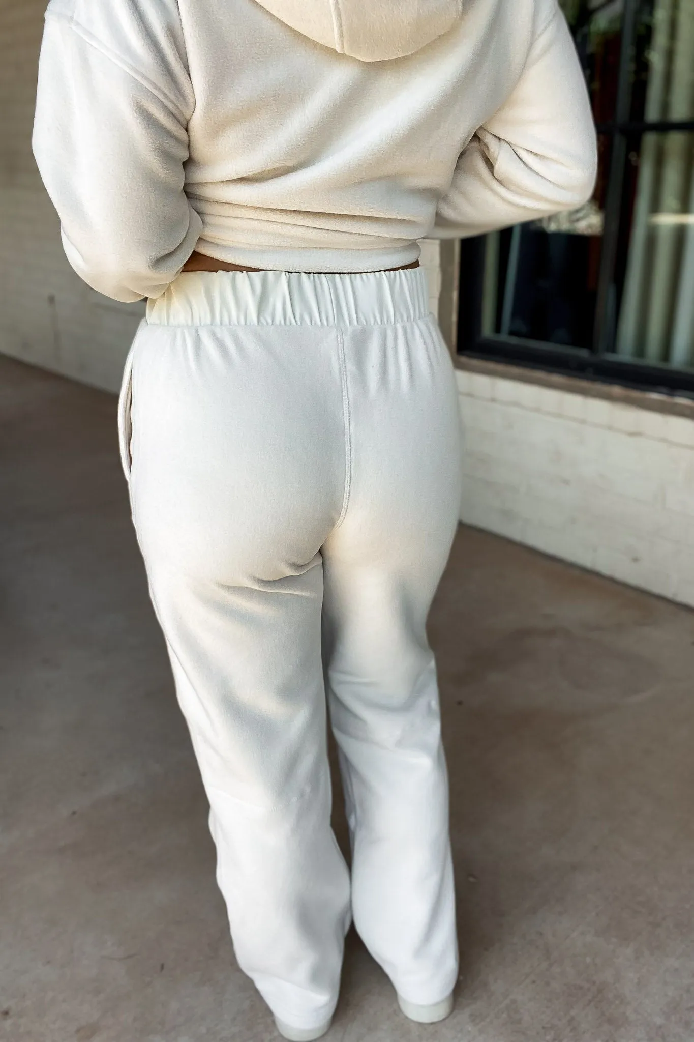 Ivory Fleece Wide Leg Pants with Bungee Hem