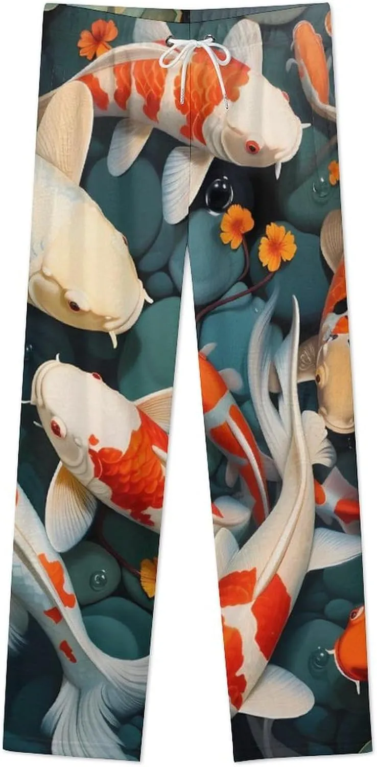 Japanese Pretty Fish Print Women's Flannel Pajama Pants Fleece Lounge Sleep Bottoms PJ