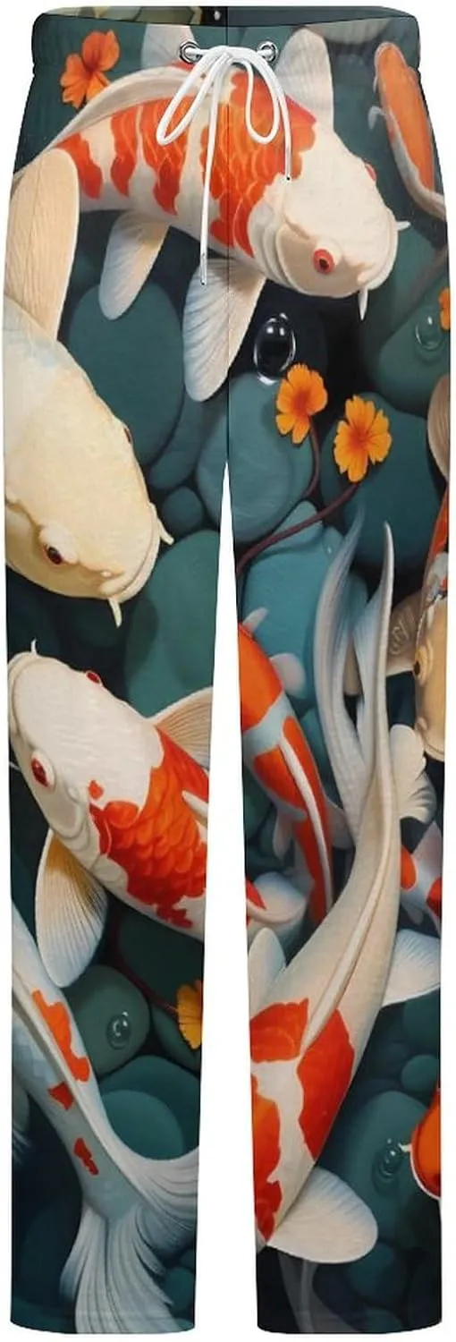Japanese Pretty Fish Print Women's Flannel Pajama Pants Fleece Lounge Sleep Bottoms PJ