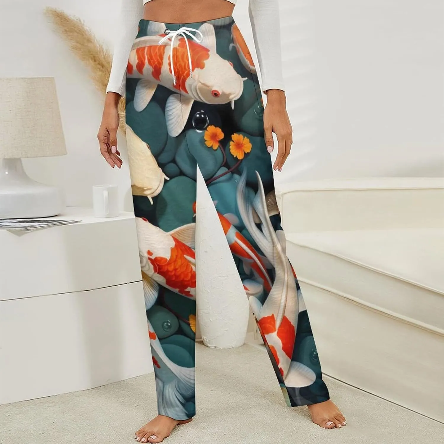 Japanese Pretty Fish Print Women's Flannel Pajama Pants Fleece Lounge Sleep Bottoms PJ